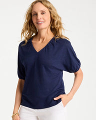 Passport Blue Linen Ruched V-Neck Tee