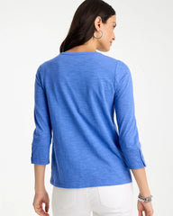 Amparo Blue Cotton Slub 3/4 Sleeve Button Tee