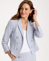 Blue Seersucker Striped Cropped Blazer