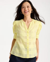 Sage Lime Cotton Plaid Elbow-Sleeve Shirt