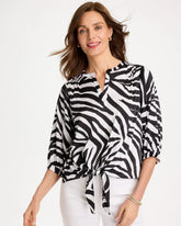 Black Satin Animal Print Tie-Front Top