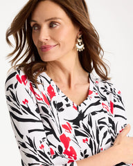 Black Cotton Stretch 3/4 Sleeve Floral Tee