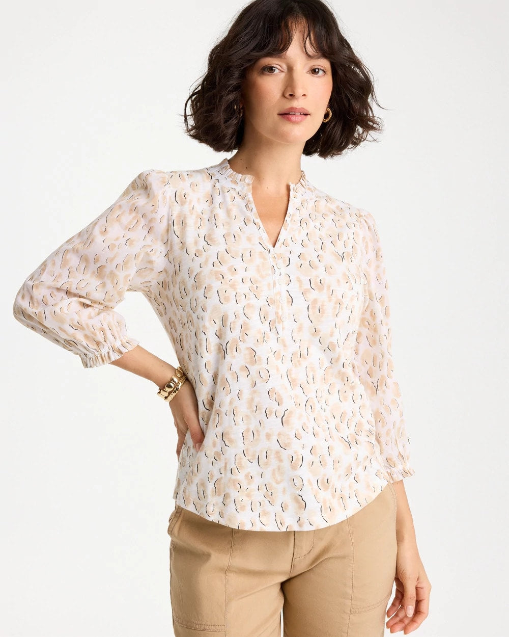 Mocha Mousse Animal Print Ruffled V-Neck Top