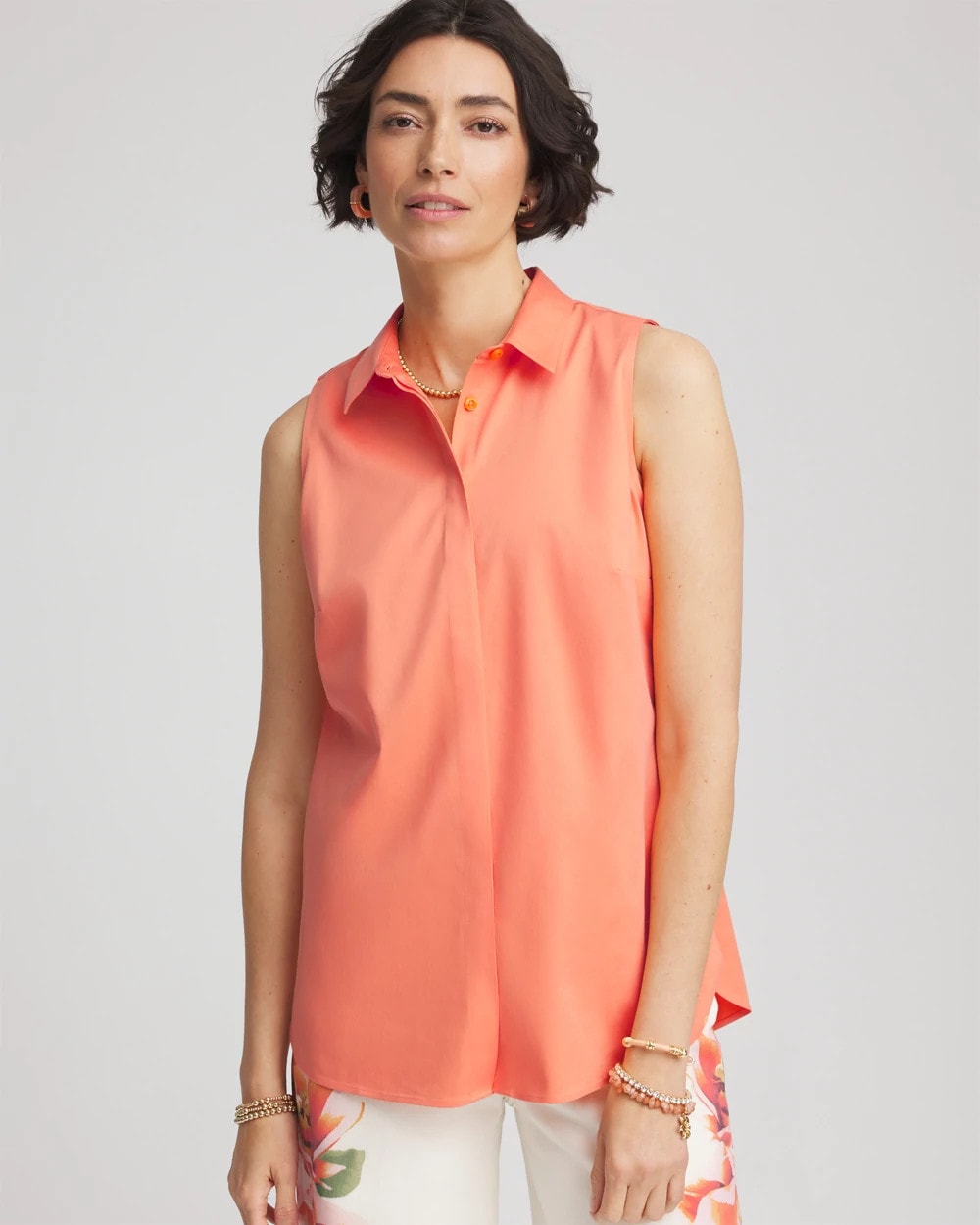 Sunset Peach No Iron™ Sleeveless Sateen-Stretch Shirt