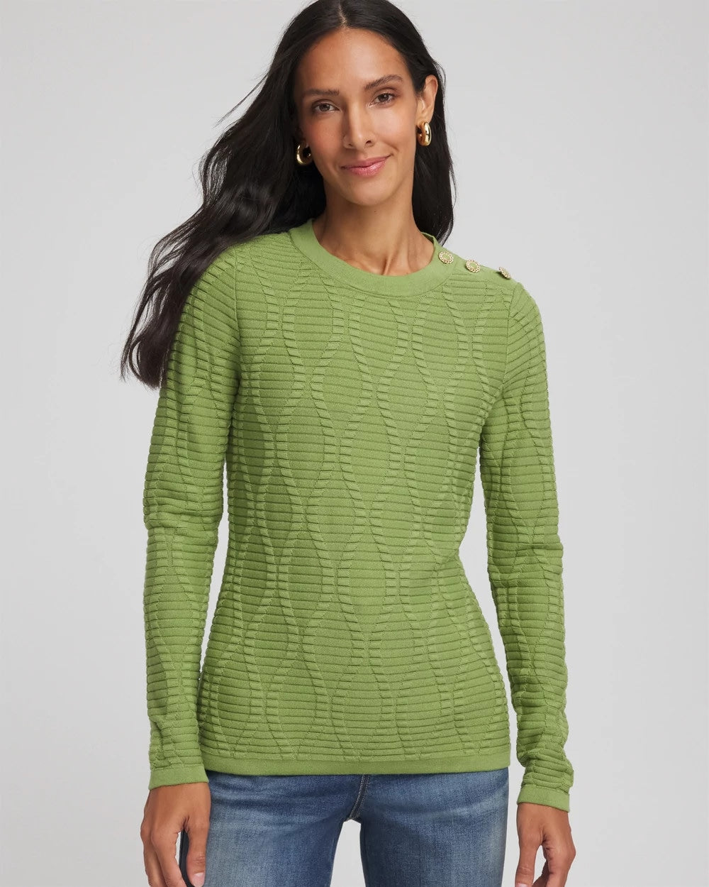 Green Fig Button Shoulder Crewneck Pullover