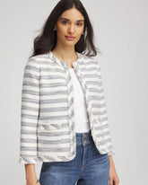 Ecru Striped Tweed Collarless Box Jacket