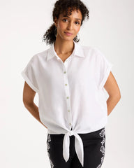 Optic White No Iron™ Linen Tie-Front Cap Sleeve Shirt