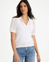 Alabaster Sequin Pointelle Pullover Polo Sweater