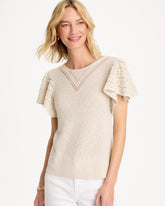 Cream Pointelle Metallic Flutter-Sleeve Pullover