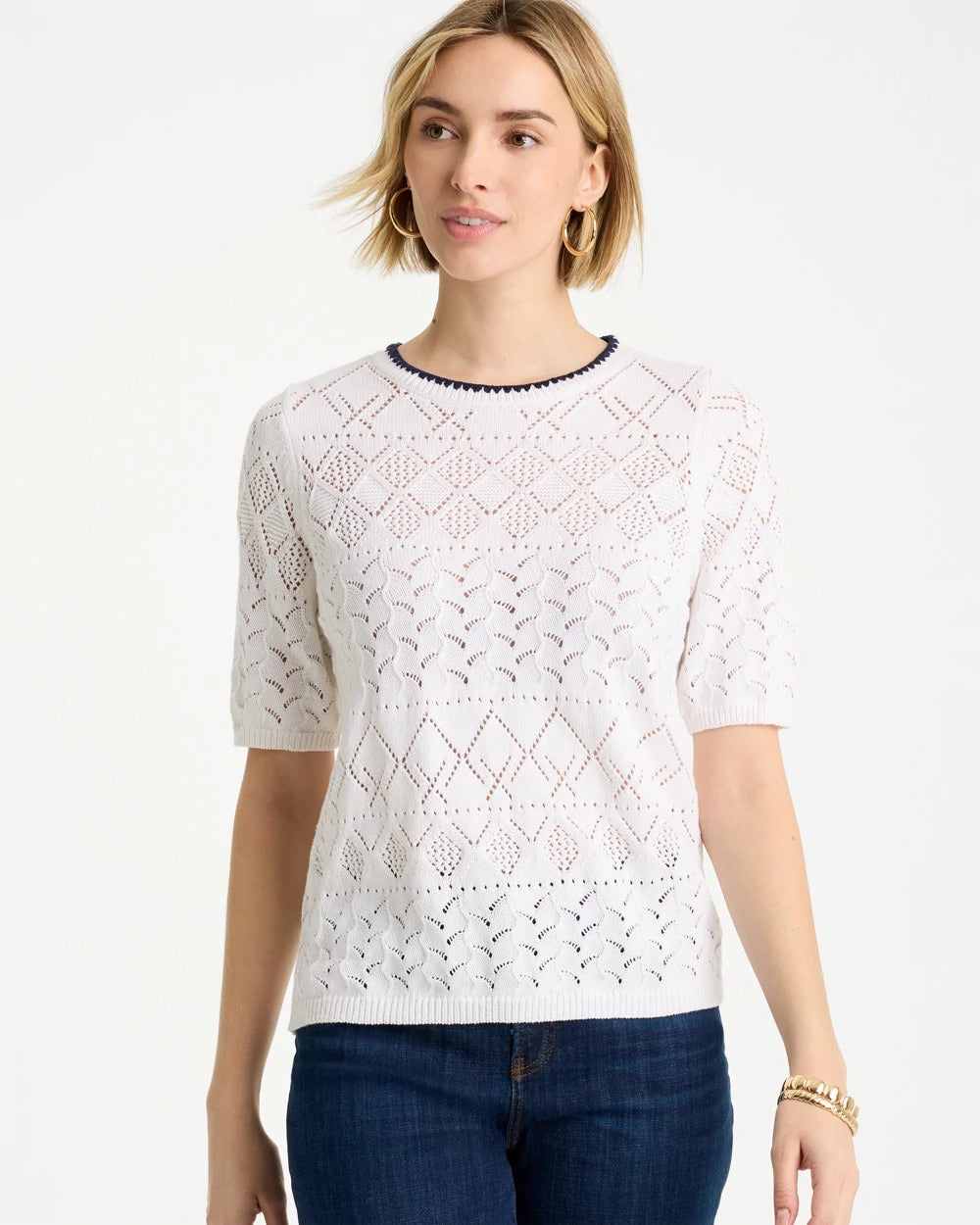 Alabaster Pointelle Blanket-Stitch Pullover Sweater