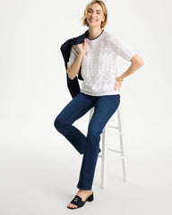 Alabaster Pointelle Blanket-Stitch Pullover Sweater