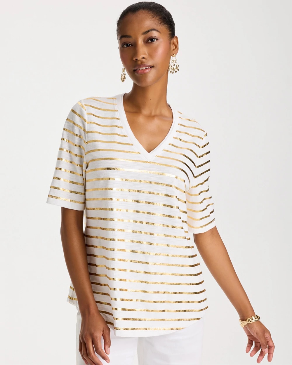 Alabaster Striped Cotton Slub V-Neck Tee