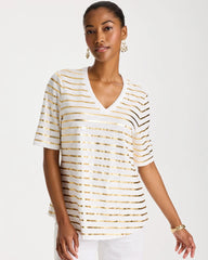 Alabaster Striped Cotton Slub V-Neck Tee