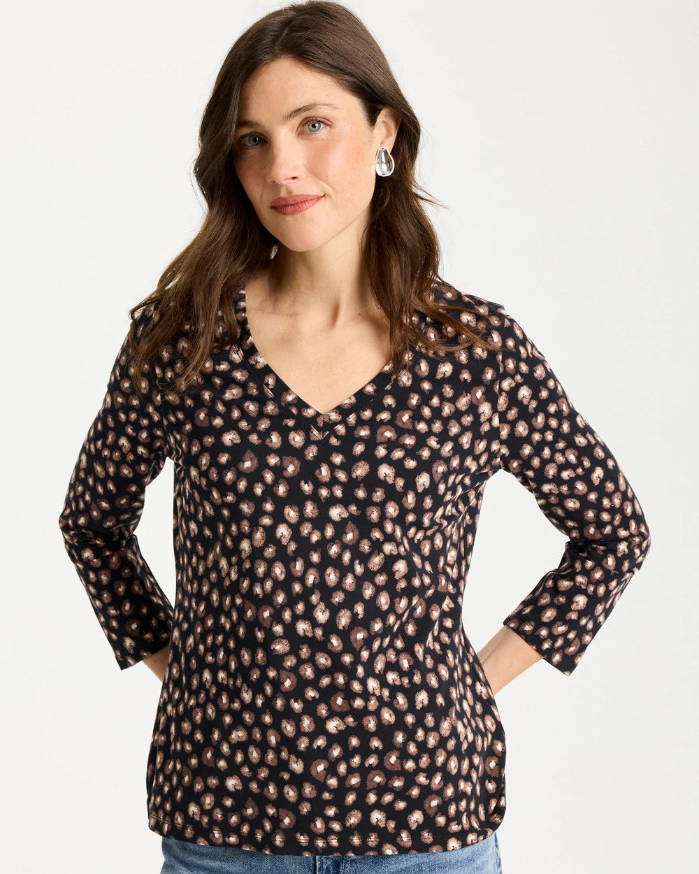 Black Cotton Stretch 3/4 Sleeve Polka Dot Tee