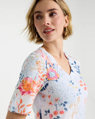 Calypso Coral Pima Floral Elbow Sleeve Tee