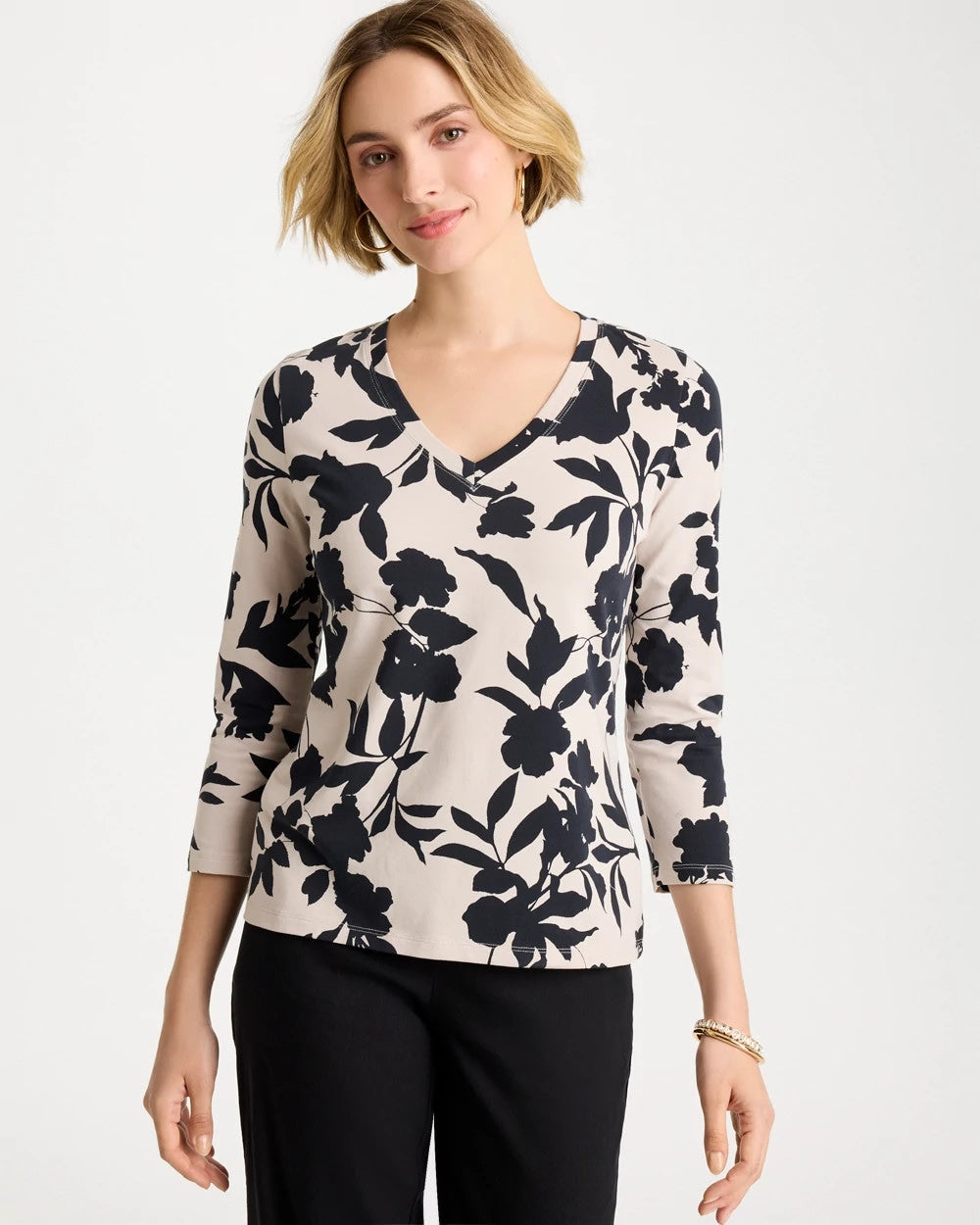 Black Cotton Stretch 3/4 Sleeve Floral Tee