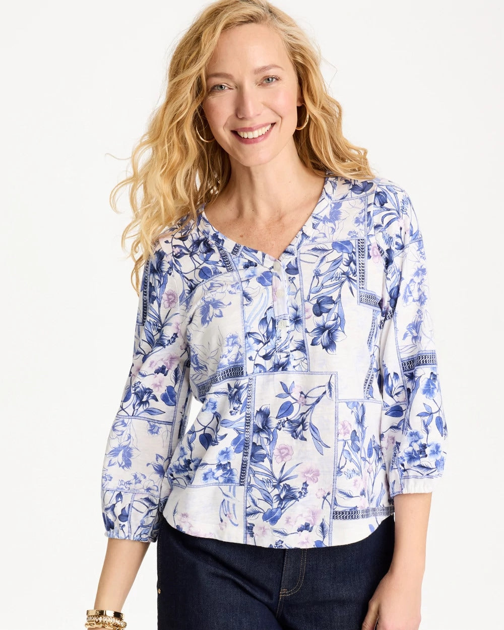 Passport Blue Elle Puff Sleeve Cotton Slub Henley Tee