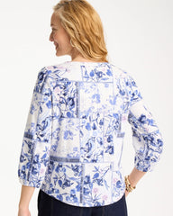 Passport Blue Elle Puff Sleeve Cotton Slub Henley Tee