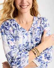 Passport Blue Elle Puff Sleeve Cotton Slub Henley Tee