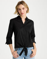 Black Poplin Cotton Tie-Front Top
