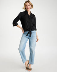 Black Poplin Cotton Tie-Front Top