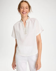 Alabaster Linen Embellished Popover Top