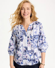 Amparo Blue Cotton Printed Billow Sleeve Blouse