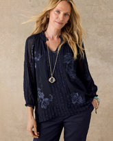 Passport Blue Embellished Splitneck Blouse