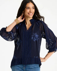 Passport Blue Embellished Splitneck Blouse