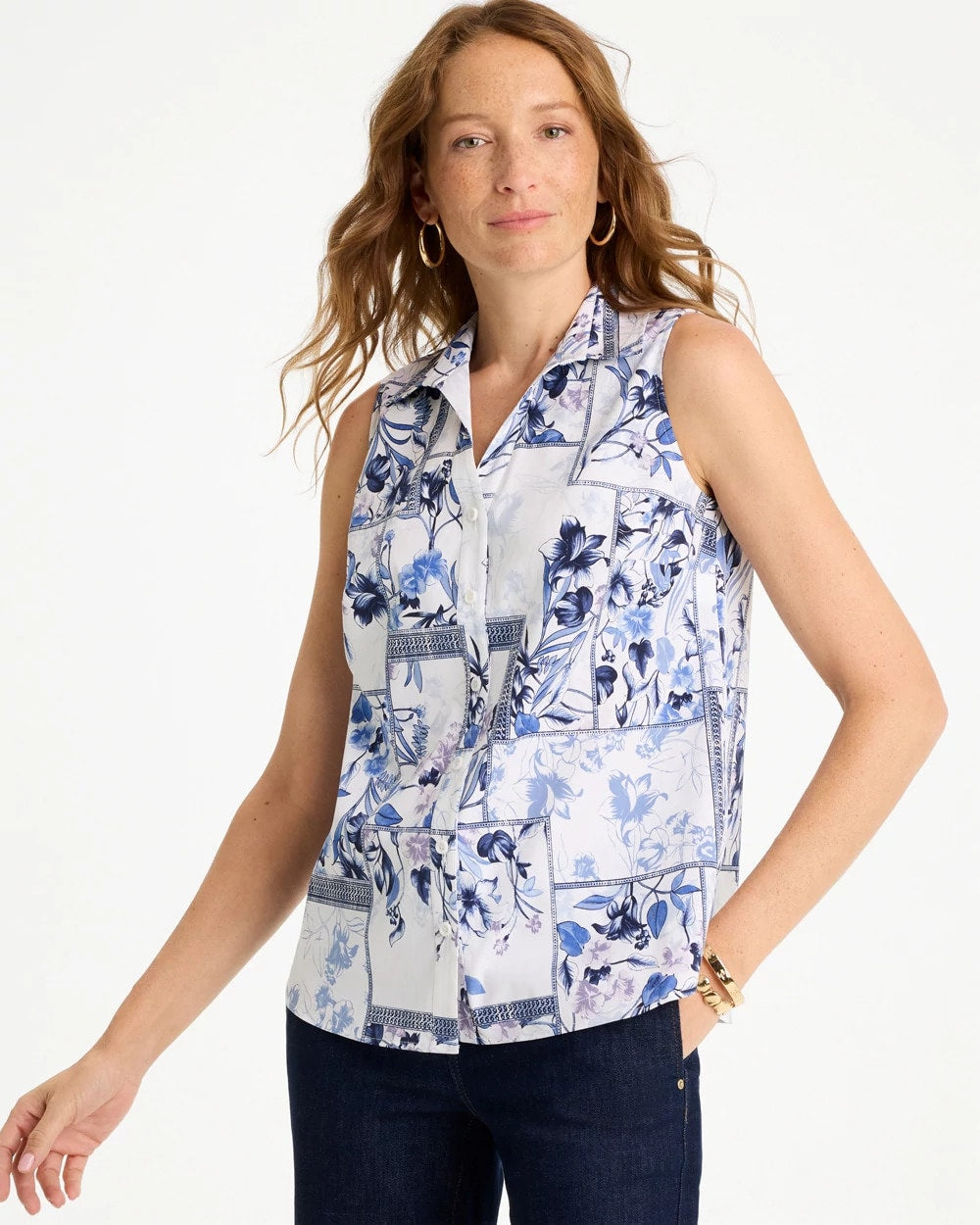 Amparo Blue Cotton-Blend Classic Printed Sleeveless Shirt
