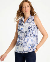 Amparo Blue Cotton-Blend Classic Printed Sleeveless Shirt