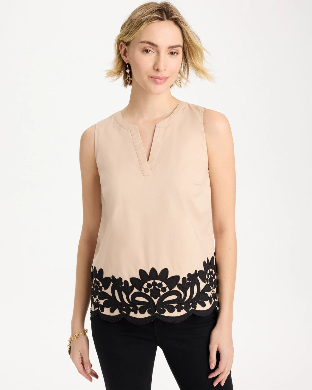 Tan Bisque Applique Embellished Sleeveless Top