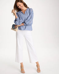 Washed Indigo Chambray Lace Tie-Front Blouse