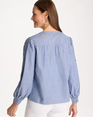 Washed Indigo Chambray Lace Tie-Front Blouse