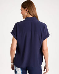 Passport Blue Faux Silk Henley Colorblock Top