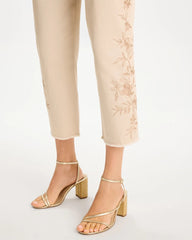 Pale Sand Relaxed Embroidered Fray Crop Pant