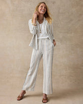 Neutral Striped Piped Linen Fly Front Pants
