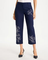 Passport Blue Embroidered Linen Fly Front Pants