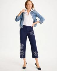 Passport Blue Embroidered Linen Fly Front Pants