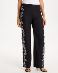 Black Embroidered Pull-On Wide-Leg Linen Pants