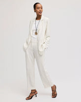 Ecru Striped Linen Wide-Leg Ankle Pants
