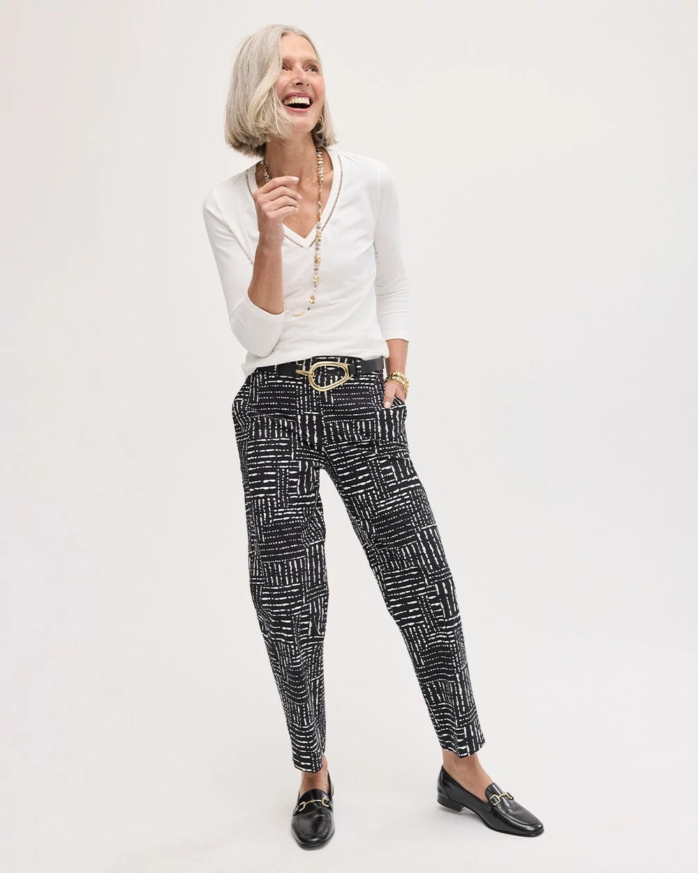 Black Emme Fly Front Straight Printed Crop Pants