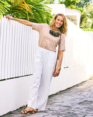 Natural Pinstriped Linen-Cotton Crop Pant