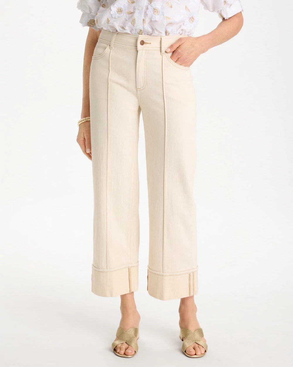 Neutral Pintuck Cuffed Cropped Jeans