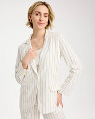 Ecru Linen-Blend Striped Boyfriend Blazer