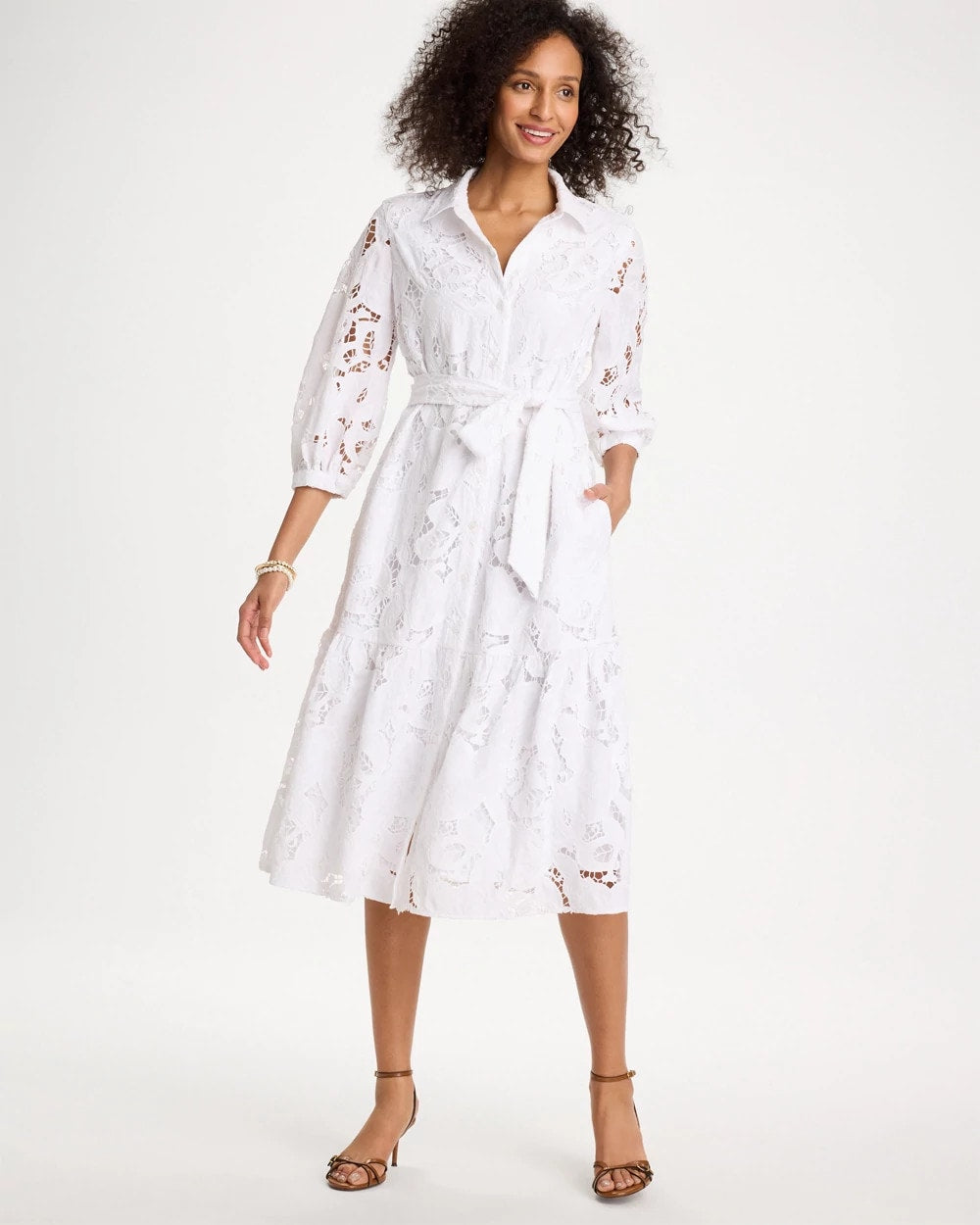 Alabaster Lace Cutout Belted Shirtdress