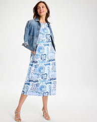 Passport Blue Soft-Stretch Sleeveless Tropical Dress