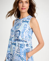 Passport Blue Soft-Stretch Sleeveless Tropical Dress