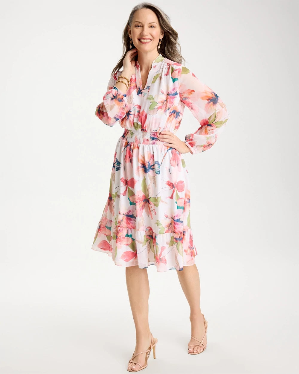 Calypso Coral Georgette Trapunto Pullover Dress