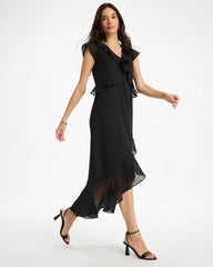 Black Floral Surplice Ruffled Dress